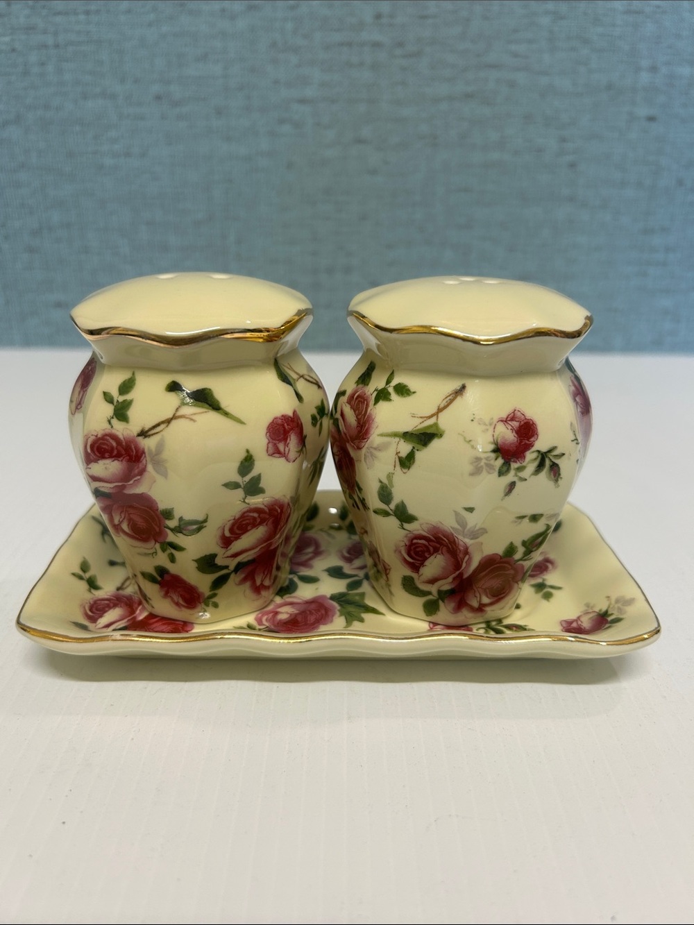 Vintage Chintz Floral Salt & Pepper Shakers with Underplate Set